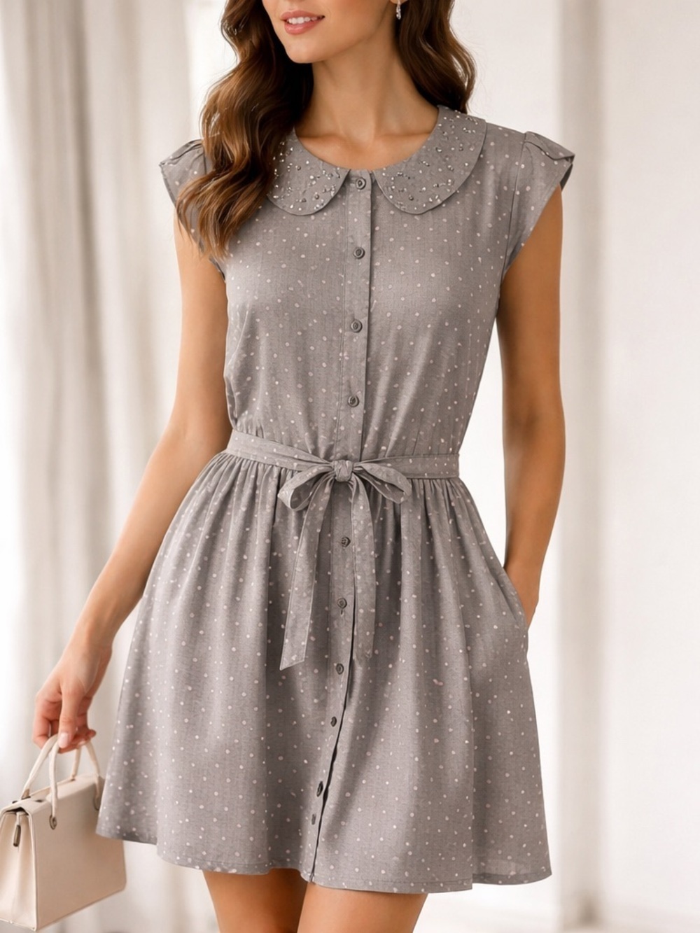 Lauren Conrad Grey Pink Polka Dot Jewel Collar Button Up Dress Exc Cond Size 12